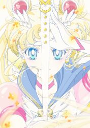  1girl bishoujo_senshi_sailor_moon blonde_hair blue_eyes blue_sailor_collar choker crescent crescent_earrings double_bun earrings elbow_gloves floating_hair gloves hair_bun highres holding holding_wand jewelry long_hair looking_at_viewer magical_girl puffy_short_sleeves puffy_sleeves sailor_collar sailor_moon short_sleeves smile solo star_(symbol) star_earrings sugimoto_miho tsukino_usagi twintails upper_body wand white_gloves 