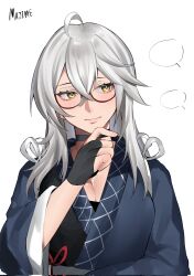  1girl artist_name blue_kimono blush breasts choker cleavage finger_to_own_chin fingerless_gloves genderswap genderswap_(mtf) glasses gloves hair_between_eyes highres japanese_clothes kimono long_hair long_sleeves majime_joe morichika_rinnosuke smile solo touhou upper_body white_background white_hair yellow_eyes 