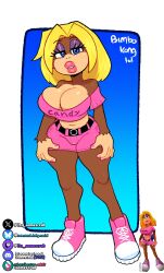  1girl ape artist_name bare_shoulders belt blonde_hair blue_eyes breasts candy_kong cleavage curvy denim denim_shorts donkey_kong_(series) donkey_kong_64 furry furry_female headphones highres large_breasts midriff nail_polish navel nintendo shiny_skin shoes shorts sneakers somescrub thick_lips thick_thighs thighs wide_hips 