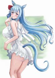  1girl animal_ears ass blue_hair blush braid breasts closed_mouth commentary_request crown_braid dress highres horse_ears horse_girl horse_tail large_breasts long_hair looking_at_viewer mejiro_ardan_(umamusume) rio_(lio_yuzu) simple_background smile solo tail thighs umamusume white_dress 
