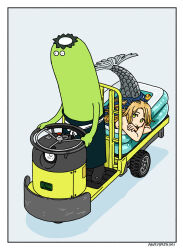  1boy 1girl akai_sashimi blonde_hair border commentary crossed_arms green_eyes kappa looking_at_another mermaid monster_girl original rubber_duck signature simple_background topless_male wading_pool white_border 