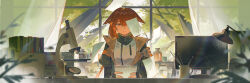  1girl absurdres animal_ears arknights armband beaker black_gloves black_jacket chinese_commentary commentary_request crownslayer_(arknights) cup curtains damaged day desk dopperu_ben fingerless_gloves gloves hair_between_eyes half-closed_eye highres holding holding_paper indoors jacket laboratory lamp looking_at_viewer microscope monitor one_eye_covered open_clothes open_jacket orange_armband orange_eyes orange_hair paper parted_lips solo upper_body wind window 