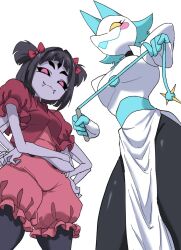  2girls animal_ears arthropod_girl black_hair black_sclera blue_hair breasts cat_ears cat_girl closed_mouth colored_sclera colored_skin cropped_legs deltarune disembodied_hand extra_arms extra_eyes fangs furry furry_female hands_on_own_hips highres holding holding_whip insect_girl looking_at_viewer looking_down monster_girl muffet multiple_girls nasu_(ilo_a5) open_mouth purple_skin rayman_limbs red_eyes small_breasts spider_girl tasque_manager twintails two_side_up undertale white_background yellow_eyes 