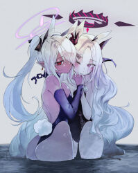  2girls ahoge animal_ears ass bare_back black_halo black_leotard blue_archive blush breasts closed_mouth covered_navel dark-skinned_female dark_skin demon_girl demon_horns detached_sleeves dot_mouth earrings fake_animal_ears fake_tail grey_hair groin hair_over_one_eye half-closed_eyes halo highres hina_(blue_archive) holding_hands horns iori_(blue_archive) jewelry leotard loli long_hair looking_at_viewer medium_breasts multiple_girls multiple_horns no_wings one_eye_closed one_eye_covered playboy_bunny pointy_ears purple_eyes purple_halo purple_leotard purple_sleeves rabbit_ears rabbit_tail red_eyes simple_background small_breasts standing tail thighs twintails user_htgm7528 very_long_hair white_background white_hair wrist_cuffs 