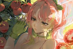  1girl absurdres bow choker collarbone dayshiart fingerless_gloves gloves grass green_bow green_choker green_eyes green_gloves green_hair hair_between_eyes hair_bow hand_up highres indie_virtual_youtuber lying nose on_back on_grass parted_bangs parted_lips pink_hair slice_of_toma solo sunlight tomato 