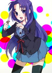  asakura_ryoko black_thighhighs blue_eyes blue_hair cardigan knife long_hair pecopewo school_uniform serafuku solo suzumiya_haruhi_no_yuuutsu thighhighs zettai_ryouiki 