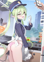  1girl apron arched_back armband ass blue_archive blush breasts cellphone cooking curvy demon_tail female_pervert food from_behind gloves green_hair halo hat highres houraku kitchen loli long_hair long_sleeves looking_at_viewer looking_back narrow_waist nozomi_(blue_archive) open_mouth panties peaked_cap pervert phone pink_panties pointy_ears seductress small_breasts smile solo_focus stove tail thighs twintails underwear very_long_hair white_apron yellow_eyes 