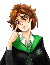  brown_hair collar eyelid_pull finger_to_eye green_necktie hand_up harry_potter:_hogwarts_mystery harry_potter_(series) head_tilt highres hogwarts_school_uniform merula_snyde multicolored_hair necktie orange_hair piimu_illu purple_eyes robe school_uniform short_hair simple_background slytherin tongue tongue_out two-tone_hair upper_body white_background white_collar wizarding_world 