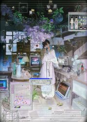  1girl artist_name black_hair bottle cola commentary computer crt cup cursor desk_lamp dress electric_fan english_commentary error_message folder full_body glitch hand_up highres holding holding_phone illumi999 indoors lamp loaded_interior long_sleeves microsoft_paint_(software) original phone plant potted_plant sewing_machine shelf signature solo standing table thermos user_interface video_game window window_(computing) 