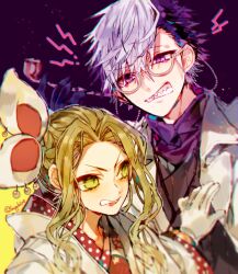  1boy 1girl angry bow clenched_teeth coat green_eyes green_hair hair_bow hair_intakes japanese_clothes jibaku_shounen_hanako-kun kimono lab_coat long_sleeves multicolored_hair purple_eyes purple_hair sapphire_(nine) sharp_teeth smoking_pipe streaked_hair teeth tsuchigomori white_bow white_coat white_hair white_kimono wide_sleeves yako_(jibaku_shounen_hanako-kun)  rating:General score:2 user:danbooru