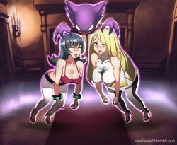  2girls ahegao bad_id bad_pixiv_id black_hair blush breasts claws cleavage collarbone dress floating gen_1_pokemon green_eyes hand_on_another&#039;s_head haunter high_heels hypnosis indoors long_hair lusamine_(pokemon) madkaiser mind_control mole mole_under_eye multiple_girls nintendo pants pokemon pokemon_(creature) pokemon_hgss pokemon_sm red_eyes red_shoes red_vest sabrina_(pokemon) shoes swept_bangs tongue tongue_out vest white_dress white_pants 