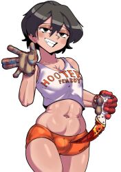  1boy black_eyes black_hair brown_gloves bulge commentary counter-strike_(series) counter-strike_2 cowboy_shot dagger employee_uniform english_commentary femboy_hooters_(meme) gloves grin half-closed_eyes highres holding holding_dagger holding_knife holding_weapon hooters hugo_(rushbordie) karambit knife looking_at_viewer male_focus meme midriff navel orange_shorts short_hair short_shorts shorts simple_background smile solo tank_top trap weapon white_background white_tank_top 