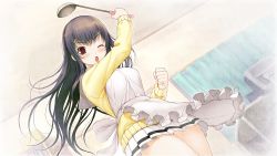1girl apron black_hair blush female_focus game_cg headband highres kimi_to_kanojo_to_kanojo_no_koi. long_hair nitroplus one_eye_closed purple_eyes skirt solo sone_miyuki tsuji_santa rating:Sensitive score:14 user:moderfoker1234