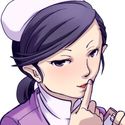  1girl black_hair clipboard hat holding holding_clipboard index_finger_raised looking_at_viewer nurse nurse_cap parted_lips persona persona_4 ponytail short_ponytail simple_background tokiwa_(mukoku) uehara_sayoko white_background 