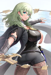  1girl absurdres armlet armor ass bad_anatomy black_coat black_shirt black_shorts bodice bracer breasts brown_pantyhose bustier cape capelet clothing_cutout coat commentary_request cowboy_shot dagger female_byleth_(enlightened)_(fire_emblem) female_byleth_(fire_emblem) fire_emblem fire_emblem:_three_houses gonzarez green_eyes green_hair hair_between_eyes highres holding holding_sword holding_weapon jewelry knife large_breasts long_hair looking_at_viewer navel_cutout nintendo pantyhose pantyhose_under_shorts patterned_legwear shirt short_shorts shorts shoulder_armor solo standing sword sword_of_the_creator tassel thighs turtleneck twisted_torso vambraces weapon whip_sword 