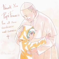  1boy 1girl age_difference an_dres_art blue_eyes blue_hair cassock christianity closed_eyes commentary cross cross_necklace crying death english_commentary english_text highres hug jewelry jubilee_2025 long_sleeves luce_(jubilee_2025) necklace old old_man pope pope_francis raincoat real_life robe sad short_hair smile white_hair white_robe zucchetto 