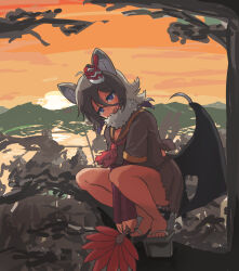  animal_ears bare_legs bat_ears bat_girl bat_wings blue_eyes fang fur_collar geta green_shirt green_skirt grey_hair hair_between_eyes hane_(kirschbaum) highres hilgendorf&#039;s_tube-nose_bat_(kemono_friends) in_tree kemono_friends long_sleeves looking_at_viewer mask mask_on_head multicolored_hair neckerchief pleated_skirt purple_sleeves red_neckerchief sailor_collar school_uniform serafuku shirt short_hair short_sleeves sidelocks skirt squatting sunset t-shirt tengu-geta torn_clothes tree two-tone_hair white_fur white_hair wings yellow_trim 