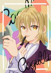  1girl absurdres applying_makeup ascot blonde_hair cagalli_yula_athha character_name formal_clothes gundam gundam_seed gundam_seed_freedom highres holding holding_mirror lipstick looking_at_viewer makeup mirror short_hair smile suit user_kunf8626 white_ascot yellow_eyes 