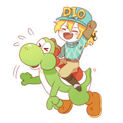  &gt;_&lt; 1boy blonde_hair blue_hat blue_sweater blush_stickers boots brown_boots brown_gloves brown_pants closed_eyes commentary crossover diego_brando fang flying_sweatdrops full_body gloves hair_between_eyes hat jojo_no_kimyou_na_bouken luminous_slime male_focus mario_(series) nintendo open_mouth pants short_hair simple_background species_connection steel_ball_run sweater white_background yoshi 