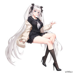 1girl ankle_strap black_bow black_sailor_collar black_serafuku black_shirt black_shoes black_skirt black_socks blue_eyes bow breasts brown_cardigan cardigan chinese_commentary closed_mouth collarbone commentary_request earrings fine_fabric_emphasis fingernails gem high_heels highres jewelry large_breasts long_hair long_sleeves neckerchief off_shoulder open_cardigan open_clothes original pink_gemstone pink_nails pleated_skirt pumps sailor_collar school_uniform serafuku shirt shoes signature silver_tiara simple_background sitting skirt socks solo stiletto_heels thighs tiara twintails very_long_hair white_background white_hair white_neckerchief xnnagu