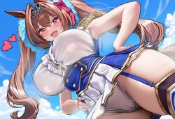  1girl absurdres animal_ears armpits asdkd123 bare_arms blue_garter_straps blue_skirt blush bow breasts brown_hair cleft_of_venus commentary_request covered_erect_nipples crown daiwa_scarlet_(umamusume) fang from_below hair_between_eyes hair_bow hair_intakes hands_on_own_hips heart highres horse_ears horse_girl horse_tail large_breasts long_hair multicolored_skirt open_mouth panties pink_bow pink_eyes pleated_skirt pussy shirt sidelocks skin_fang skindentation skirt sleeveless sleeveless_shirt solo steaming_body tail thighhighs thighs twintails umamusume underwear white_panties white_shirt white_skirt 