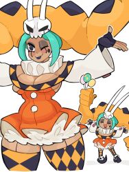  1girl alternate_costume balloon black_lips black_nails breasts cerebella_(skullgirls) clown cowboy_shot dark-skinned_female dark_skin dress eyeshadow fingerless_gloves frilled_dress frills full_body gloves green_hair hat l_solaria large_breasts lipstick long_sleeves makeup multiple_views nail_polish neck_ruff outstretched_arms runny_makeup short_dress skullgirls smile solo thick_thighs thighhighs thighs vice-versa_(skullgirls) white_background wide_sleeves 