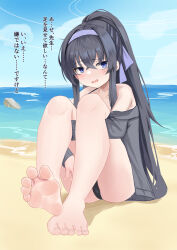 1girl bar_censor bare_legs barefoot beach black_hair black_panties blue_archive blue_eyes blue_sky blush censored check_translation feet halo highres hugging_own_legs long_hair lts_kakuyo ocean official_alternate_costume open_mouth panties penis ponytail sky soles sweatdrop toenails toes translation_request ui_(blue_archive) ui_(swimsuit)_(blue_archive) underwear very_long_hair rating:Explicit score:23 user:roddyricch