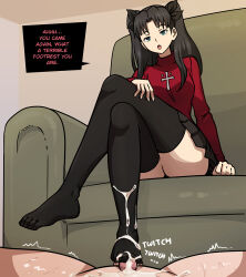 1boy 1girl black_hair black_ribbon black_skirt clothed_female_nude_male couch crossed_legs cum cum_on_body cum_on_clothes cum_on_lower_body ejaculation english_text erection fate/stay_night fate_(series) feet femdom footjob footjob_with_legwear green_eyes hetero humiliation legs long_hair looking_at_penis mosbles motion_lines nude open_mouth penis pov premature_ejaculation red_sweater ribbon sitting skirt sound_effects speech_bubble stepped_on sweater thick_thighs thighhighs thighs tohsaka_rin trample turtleneck turtleneck_sweater twintails uncensored unimpressed rating:Explicit score:509 user:xtasy