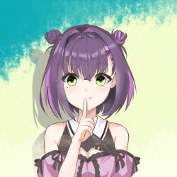  1girl :q bare_shoulders blush breasts cleavage cleavage_cutout closed_mouth clothing_cutout commentary crossed_bangs cy27 double_bun drop_shadow eyes_visible_through_hair finger_to_mouth green_background green_eyes hair_between_eyes hair_bun hair_intakes hand_up index_finger_raised jirai_kei limelight_lemonade_jam looking_at_viewer medium_hair mole mole_under_eye multicolored_hair nabari_anju off-shoulder_shirt off_shoulder pink_hair pink_shirt purple_hair scar scar_across_eye scar_on_face shirt short_sleeves simple_background smile solo streaked_hair tongue tongue_out two-tone_hair upper_body 