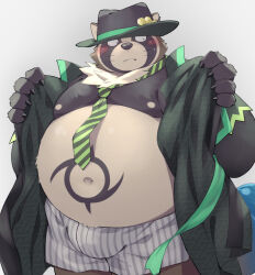 1boy animal_ears bara belly blush boxers claws closed_mouth commentary_request fang fang_out fat fat_man furry furry_male green_necktie highres kinoshita_jiroh live_a_hero male_focus male_underwear navel necktie nipples raccoon_boy raccoon_ears raccoon_tail shoen_(live_a_hero) striped_male_underwear striped_necktie sweatdrop tail underwear undressing whiskers