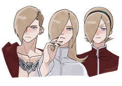  3boys :t ash_crimson bare_pectorals black_hairband black_nails blonde_hair blue_eyes blush closed_mouth collarbone cropped_torso ed_(street_fighter) freckles frown hair_over_one_eye hairband hexermer highres jacket jewelry long_hair looking_ahead looking_at_viewer looking_up male_focus multiple_boys nail_polish necklace one_eye_covered open_clothes open_jacket parted_bangs parted_lips pectorals red_jacket saiki_(kof) side-by-side simple_background street_fighter street_fighter_6 teeth the_king_of_fighters the_king_of_fighters_xiii white_background white_jacket white_trim 