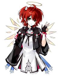  1girl ahoge arknights black_gloves black_jacket dress earrings exusiai_(arknights) exusiai_the_new_covenant_(arknights) fingerless_gloves gloves halo hand_up highres jacket jewelry long_sleeves looking_at_viewer mohutaifeitang one_side_up open_clothes open_jacket red_hair short_hair simple_background smile solo white_background white_dress yellow_eyes 