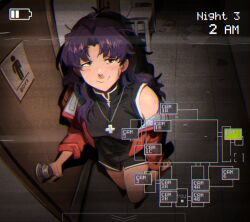  1girl absurdres bare_legs bathroom_sign battery_indicator black_hair black_shorts black_skirt bottle breasts brown_eyes camera_feed closed_mouth commentary cross cross_necklace door drunk english_commentary film_grain five_nights_at_freddy&#039;s five_nights_at_freddy&#039;s_1 from_above highres holding holding_bottle indoors jacket jewelry katsuragi_misato khyle. large_breasts light_blush long_hair looking_at_viewer messy_hair necklace neon_genesis_evangelion night open_clothes open_jacket opening_door parody red_jacket security_camera shirt short_shorts shorts single_off_shoulder skirt sleeveless sleeveless_shirt smile standing timestamp  rating:Sensitive score:112 user:danbooru