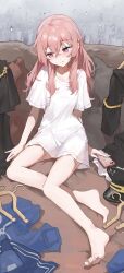 1girl absurdres averting_eyes bare_legs barefoot blush commentary_request feet hat highres holding holding_phone inui_sajuna legs looking_down oversized_clothes oversized_shirt peaked_cap petite phone pink_eyes pink_hair sentter shirt sidelocks solo sono_bisque_doll_wa_koi_wo_suru toenails toes white_shirt rating:Sensitive score:98 user:danbooru