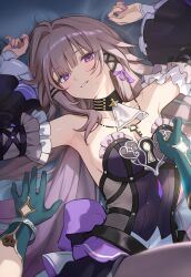  2girls ai-assisted armpits arms_up bare_shoulders blush breasts brown_hair choker cleavage commentary_request detached_sleeves dress gloves grabbing_another&#039;s_breast green_gloves groping hair_spread_out herta_(honkai:_star_rail) highres honkai:_star_rail honkai_(series) jewelry long_hair long_sleeves looking_at_viewer lying medium_breasts multiple_girls nail_polish necklace on_back poki_(j0ch3fvj6nd) pov pov_hands purple_eyes purple_nails ruan_mei_(honkai:_star_rail) smile the_herta_(honkai:_star_rail) very_long_hair yuri 