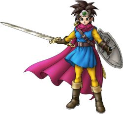 1girl artist_request asymmetrical_dual_wielding belt blue_tunic boots brown_belt brown_boots brown_gloves brown_hair cape circlet dragon_quest dragon_quest_iii dragon_quest_tact dual_wielding earrings floating_clothes full_body game_cg gem gloves green_eyes green_gemstone heroine_(dq3) holding holding_shield holding_sword holding_weapon jewelry looking_at_viewer official_art pants pink_cape roto_(dq3) scabbard sheath shield short_hair silver_circlet smirk solo spiked_hair stud_earrings sword third-party_source tunic weapon white_background yellow_pants yellow_sleeves 