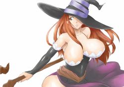 1girl bare_shoulders bouncing_breasts breasts brown_eyes brown_hair cleavage curvy detached_sleeves dragon&#039;s_crown dress female_focus hat hat_over_one_eye huge_breasts long_hair long_skirt matching_hair/eyes namakemono_(u446644k) one_eye_covered orange_eyes orange_hair side_slit simple_background skirt solo sorceress_(dragon&#039;s_crown) staff standing strapless strapless_dress vanillaware witch witch_hat rating:Sensitive score:37 user:Xander