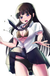  absurdres bikini black_hair blue_eyes blunt_bangs blush breasts cleavage flying_button hanzou_academy_school_uniform highres ikaruga_(senran_kagura) large_breasts long_hair necktie open_mouth partially_unbuttoned popped_button school_uniform senran_kagura shirt swimsuit tanutaka wardrobe_malfunction white_shirt 