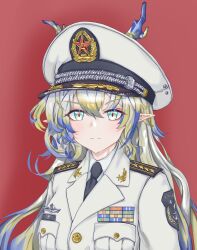  1girl absurdres alternate_costume arknights black_necktie blonde_hair blue_hair breast_pocket character_name chinese_commentary closed_mouth commentary_request communism dragon_girl dragon_horns green_eyes grey_hair hair_between_eyes hat highres horns horns_through_headwear jacket lapels long_hair looking_at_viewer lt_mue medal military_hat military_jacket military_uniform multicolored_hair necktie peaked_cap pocket portrait red_background red_star shu_(arknights) solo split_mouth star_(symbol) white_hat white_jacket 