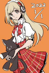  1girl blonde_hair brown_eyes closed_mouth collared_shirt commentary_request dated grey_eyes headphones holding holding_stuffed_toy kawahara long_hair looking_at_viewer matsunae_tsugumi neck_ribbon nyantan plaid_clothes plaid_skirt red_ribbon red_skirt ribbon shin_subarashiki_kono_sekai shirt short_sleeves simple_background skirt smile solo stuffed_animal stuffed_cat stuffed_toy subarashiki_kono_sekai white_shirt yellow_background 