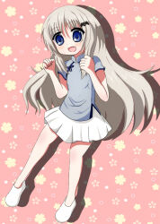  ao_dai blue_eyes cherry_blossom_print floral_print higasa_(840339) little_busters! long_hair noumi_kudryavka open_mouth pink_background pleated_skirt shoes skirt smile white_hair white_shoes white_skirt 