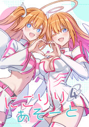  2.5_jigen_no_ririsa 2girls amano_ririsa blonde_hair blue_eyes breasts center_opening cleavage cosplay covered_navel crop_top crop_top_overhang cropped_jacket dress fake_wings garter_straps groin hair_ornament halo heart heart_hands highres holding_hands komikado_luluna large_breasts liliel_(2.5_jigen_no_ririsa) liliel_(2.5_jigen_no_ririsa)_(cosplay) long_hair long_sleeves looking_at_viewer multicolored_dress multicolored_skirt multiple_girls navel one_eye_closed pink_skirt skirt smile star-shaped_pupils star_(symbol) stomach symbol-shaped_pupils thighhighs thighs twintails white_dress white_garter_straps white_skirt white_thighhighs wing_hair_ornament wings zipper zipper_pull_tab 