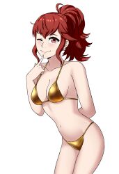  1girl alisa_(vallurite) anna_(fire_emblem) bikini blush breasts commentary english_commentary fingernails fire_emblem gold_bikini hair_between_eyes highres long_hair looking_at_viewer medium_breasts navel nintendo one_eye_closed ponytail red_eyes red_hair sidelocks simple_background smile solo swimsuit white_background 