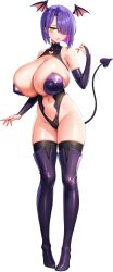  1girl absurdres arm_at_side arm_up black_tail black_thighhighs bob_cut boots breasts cleavage clothing_cutout colored_inner_hair demon_girl demon_tail demon_wings derauea frown game_cg giltia_lu_dorud hair_over_one_eye head_wings heart_cutout high_heel_boots high_heels highres huge_breasts leotard looking_at_viewer motto!_haramase!_honoo_no_oppai_isekai_oppai_bunny_gakuen! multicolored_hair navel non-web_source official_art open_mouth pink_hair purple_hair purple_leotard skindentation solo star_(symbol) star_in_eye symbol_in_eye tachi-e tail thigh_boots thighhighs transparent_background two-tone_hair wings yellow_eyes 