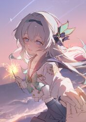  1girl 1other 2833osi absurdres beach blue_pupils blue_ribbon blush bow bowtie buttons double-breasted firefly_(honkai:_star_rail) firefly_(spring_missive)_(honkai:_star_rail) gradient_eyes green_bow green_bowtie grey_hair grey_hairband grey_sailor_collar grey_skirt hair_between_eyes hair_intakes hair_ornament hair_ribbon hairband hand_grab highres holding holding_fireworks honkai:_star_rail honkai_(series) long_hair multicolored_eyes open_mouth plaid_bow plaid_bowtie plaid_clothes pleated_skirt ribbon sailor_collar shooting_star skirt smile water 