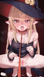  1girl absurdres barefoot black_hat blonde_hair bruise collar hat highres injury krabking leash long_hair long_sleeves looking_at_viewer open_mouth original pill pill_on_tongue pointy_ears pussy pussy_juice red_eyes simple_background solo spread_legs squatting strap_slip syringe tongue tongue_out uncensored viewer_holding_leash witch_hat 