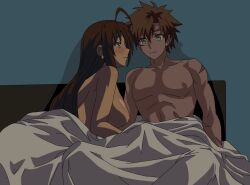  1boy 1girl animated animated_gif bed breasts brown_hair earrings green_eyes handjob hasegawa_chisato hetero jewelry large_breasts long_hair nipples nude on_bed shinmai_maou_no_testament toujou_basara vaenny 