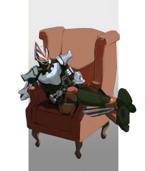  0e0n0_2 1boy animal_ears armor black_bodysuit bodysuit boost_buckle chair desire_driver fox fox_ears fox_mask gloves glowing glowing_eyes highres indoors kamen_rider kamen_rider_geats kamen_rider_geats_(series) kitsune magnum_boost magnum_buckle male_focus mask on_chair orange_armor raise_buckle rider_belt scarf sitting solo tokusatsu white_armor yellow_eyes 