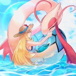  1girl 2b_(ivy_vs_) blonde_hair blue_sarong brown_hat closed_mouth cloud cloudy_sky cynthia_(pokemon) cynthia_(summer_2025)_(pokemon) flower gen_3_pokemon hat hat_flower highres long_hair looking_at_another milotic nintendo official_alternate_costume pokemon pokemon_(creature) pokemon_masters_ex sarong sky smile sun_hat very_long_hair water 