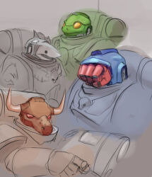  adeptus_astartes alternate_costume armor black_eyes blue_armor brown_armor bull chumiicham clenched_hand commentary covered_face english_commentary extra_hands fake_hand_mouth fake_horns fake_mouth fake_nose fake_shark_fin fake_teeth frog green_armor grey_armor grey_background helmet highres horns limited_palette minotaur partially_colored pauldrons power_armor red_armor red_eyes science_fiction shark shoulder_armor sketch tube upper_body warhammer_40k yellow_eyes 